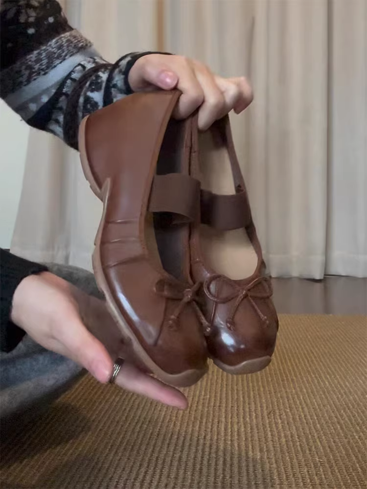 Phiên bản da cừu ~ Giày Mary Jane kiểu nơ dành cho nữ có độ tăng chiều cao ẩn, quai đơn, đế mềm, giày bệt màu đen đa năng