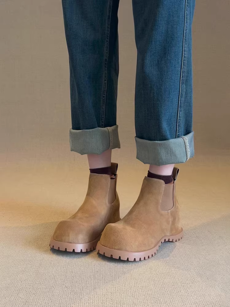 Phiên bản da bò ~ Giày Chelsea tăng chiều cao đa năng bằng da thật dành cho nữ, chất liệu da lộn, mũi giày rộng, chống trơn trượt, kiểu dáng độc đáo như giày Birkenstock.