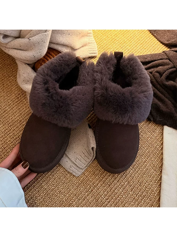 Phiên bản da bò ~ Giày bốt đi tuyết đế dày chống trượt thời trang và đơn giản mùa thu đông, giày bốt cotton ấm áp đế dày đa năng kiểu Hàn Quốc