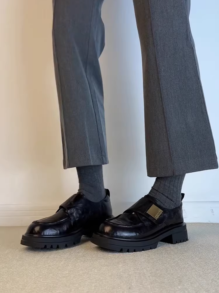 Phiên bản da cừu ~ Giày lười có khóa kim loại Velcro kiểu Anh Giày da đế dày kiểu Anh Giày da đế dày kiểu retro dành cho nữ