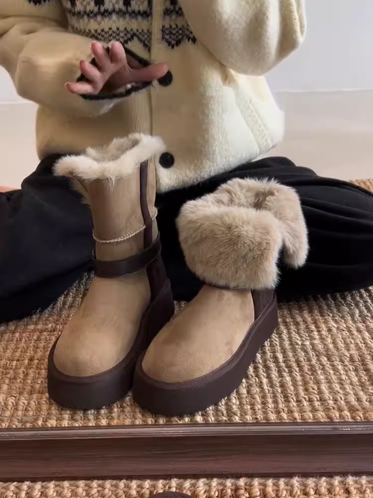 Phiên bản da bò ~ Giày bốt đi tuyết đế dày tăng chiều cao dành cho phụ nữ nhỏ nhắn, lót lông cừu, có thể mang hai kiểu, có khóa thắt lưng, bốt cotton ngắn chống trơn trượt