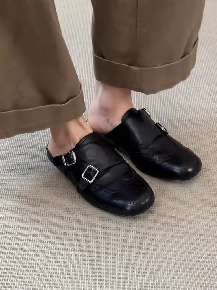 Phiên bản da cừu ~ Giày da thật màu đen có mũi kín, kiểu dáng cổ điển, đa năng, mũi vuông, kiểu brogue nửa dép dành cho nữ