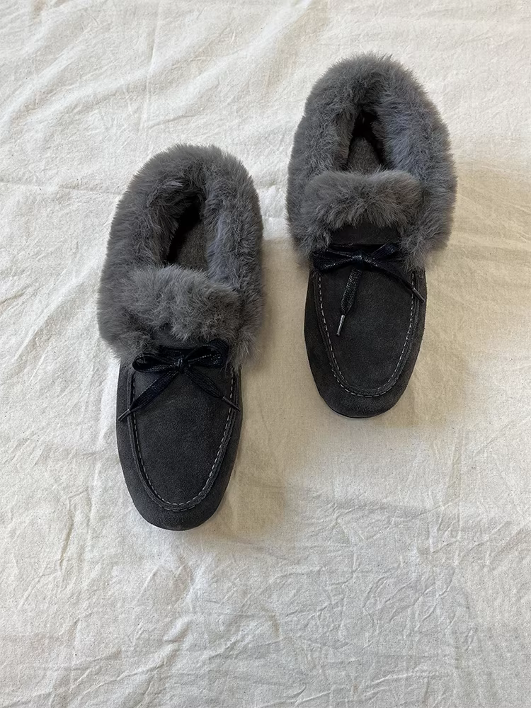Phiên bản da cừu ~ Giày cotton ấm áp thời trang dành cho nữ, giày lười buộc dây nơ, giày lười đế bằng da lộn có lông