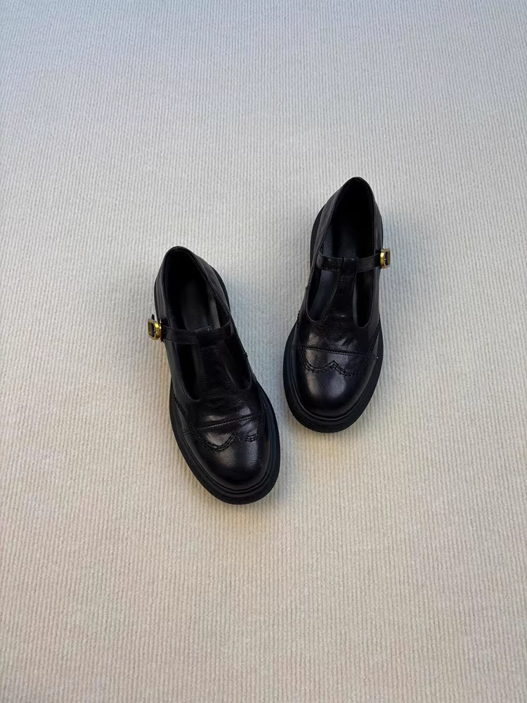 Phiên bản da cừu ~ Giày lười Mary Jane kiểu retro dành cho nữ, giày da nhỏ có quai chữ T rỗng, gót dày, đế dày, giày đơn mũi tròn