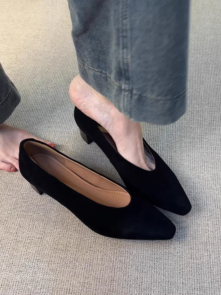 Phiên bản da cừu ~ Giày lười đơn giản bằng da mờ dành cho nữ, kiểu Pháp mũi vuông nông, gót dày cổ điển, kiểu giày bà ngoại