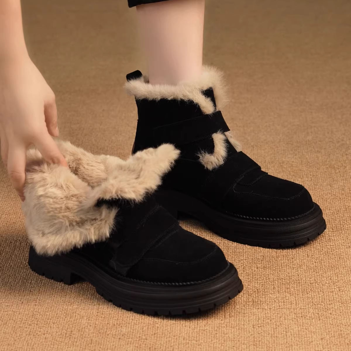 Phiên bản da bò ~ Giày bốt Martin đế dày bằng da mờ dành cho nữ, giày bốt đi tuyết bằng da lót lông cổ điển, giày bốt cotton mùa đông ấm áp.