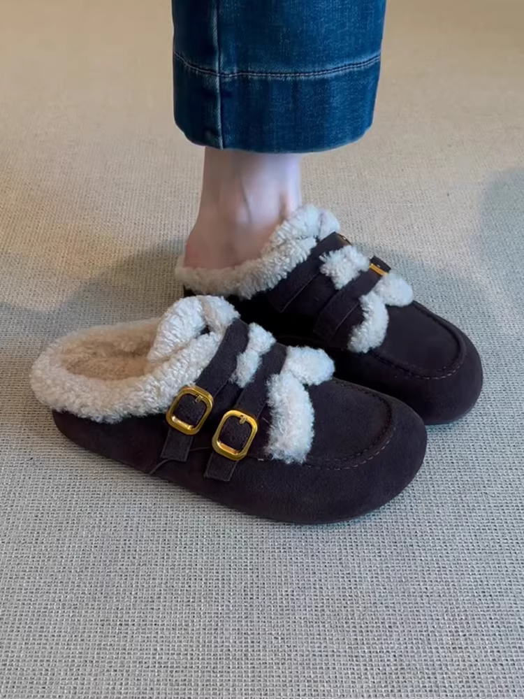 Phiên bản da bò ~ Giày kiểu Birkenstock ấm áp, mềm mại, kiểu lười đi dành cho nữ với quai khóa đôi, đế dày, kiểu lười đi kín mũi dành cho mùa đông.