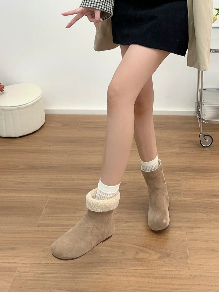 Phiên bản da bò ~ Giày bốt cotton lông kiểu Birkenstock lót lông cừu ấm áp dành cho nữ, giày bốt đi tuyết đế bằng da lộn đa năng kiểu cổ điển