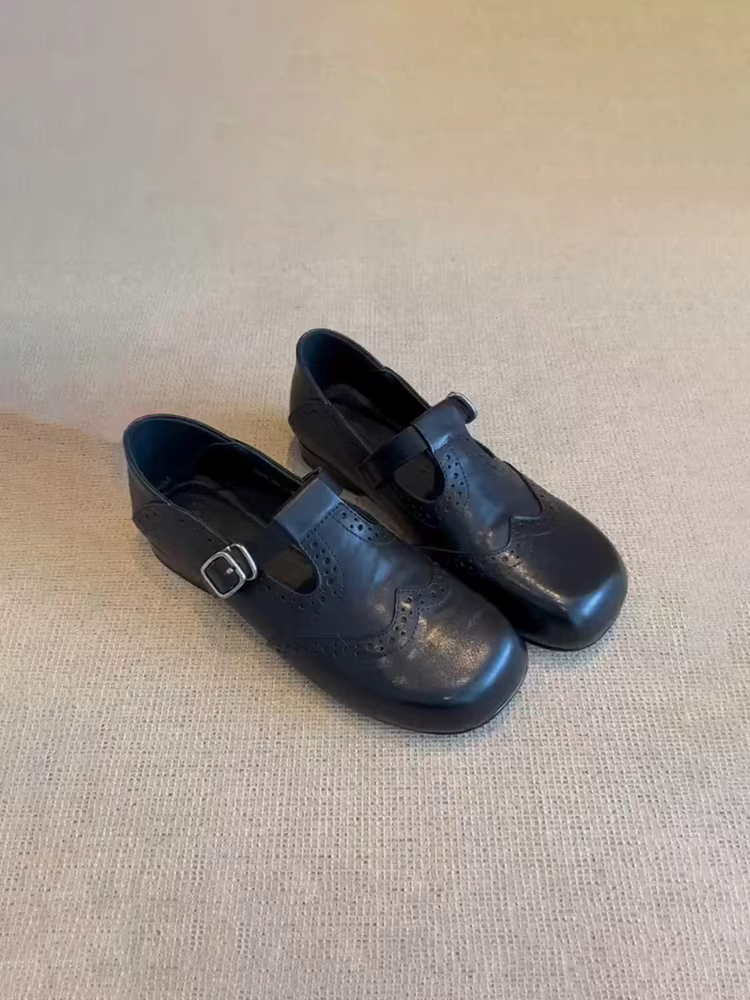 Phiên bản da cừu ~ giày da màu đen kiểu retro dành cho nữ, giày Mary Jane mũi tròn có quai chữ T, giày Birkenstock đế bằng mới