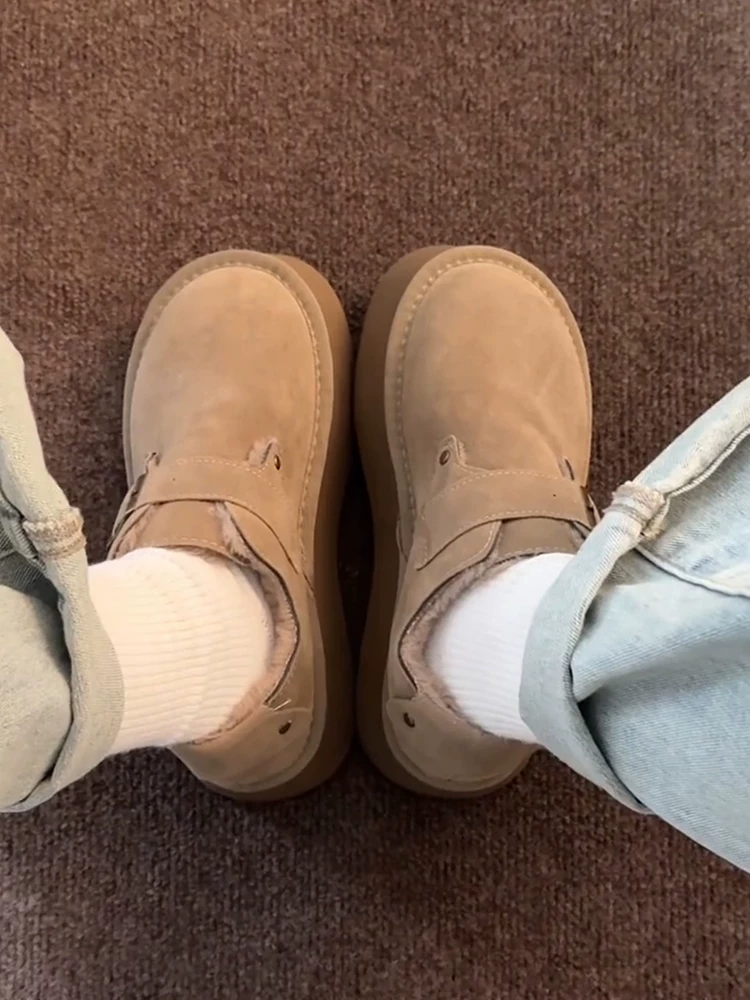 Phiên bản da bò ~ Giày lót lông cừu kiểu lười giữ ấm mùa đông, giày Birkenstock da thật đế dày tăng chiều cao, giày cotton đa năng dành cho nữ.