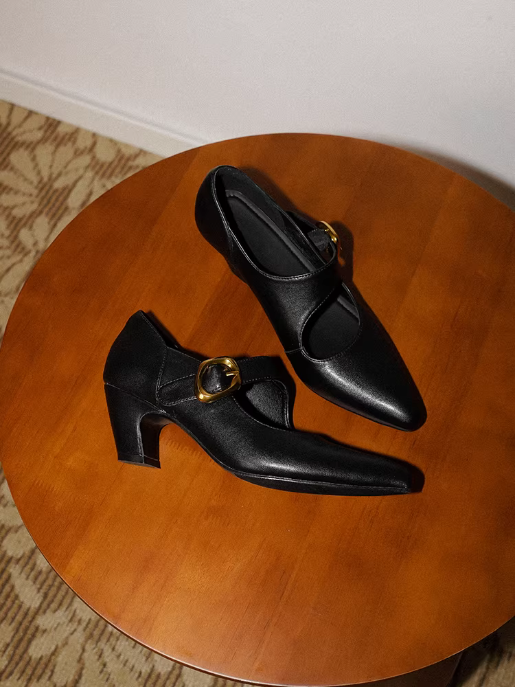 Pear Xiaoqi~ Giày Mary Jane đơn giản và tôn dáng dành cho nữ với giày cao gót, giày da thật mũi nhọn kiểu cổ điển.