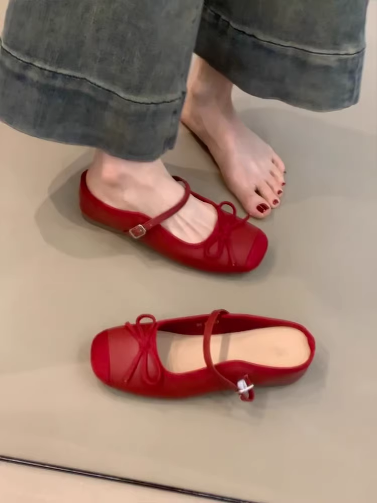 Phiên bản da cừu ~ Giày Mary Jane cổ điển quai đơn, mũi kín dành cho nữ, dép cao gót bằng da thật có nơ, tăng chiều cao