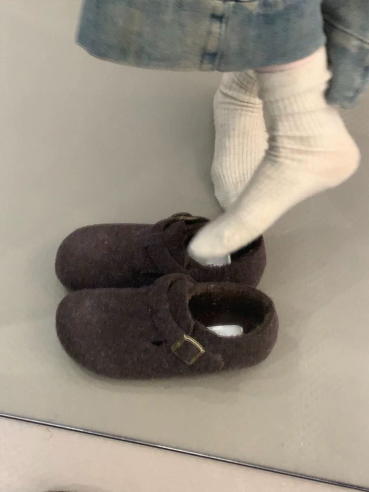 Phiên bản da cừu ~ Giày Birkenstock bọc toàn bộ bằng lông cừu kiểu mới dành cho nữ, giày cotton ấm áp đế phẳng kiểu cổ điển, giày đơn thoải mái, thời trang và giản dị.