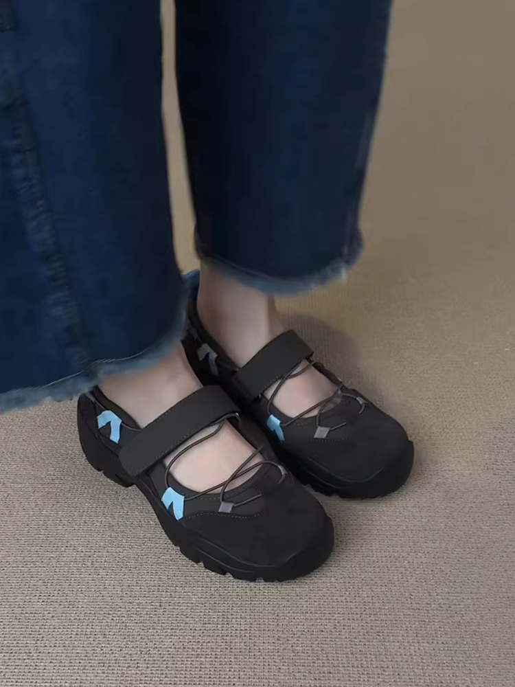 Phiên bản da cừu ~ Giày đi bộ thể thao đa năng dành cho nữ có khóa dán, giày Mary Jane nông bằng da lộn da thật, giày đơn đa năng.