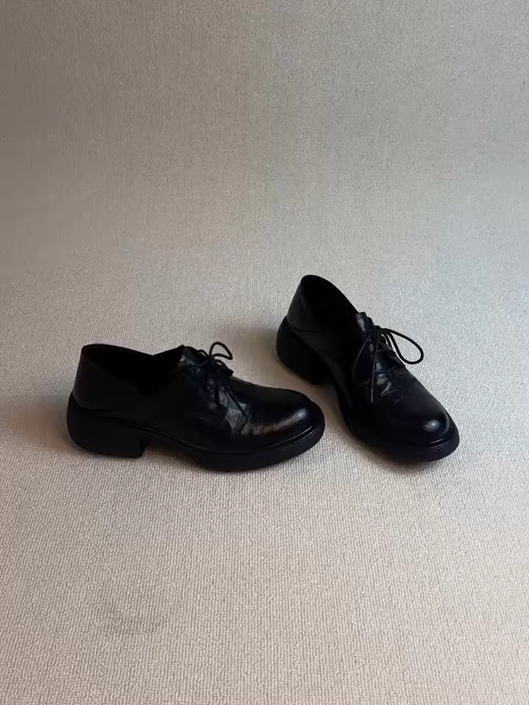 Phiên bản da cừu ~ Giày da đi làm đế dày kiểu Anh cắt sâu, êm ái dành cho nữ, giày lười mũi tròn đa năng có dây buộc thoải mái