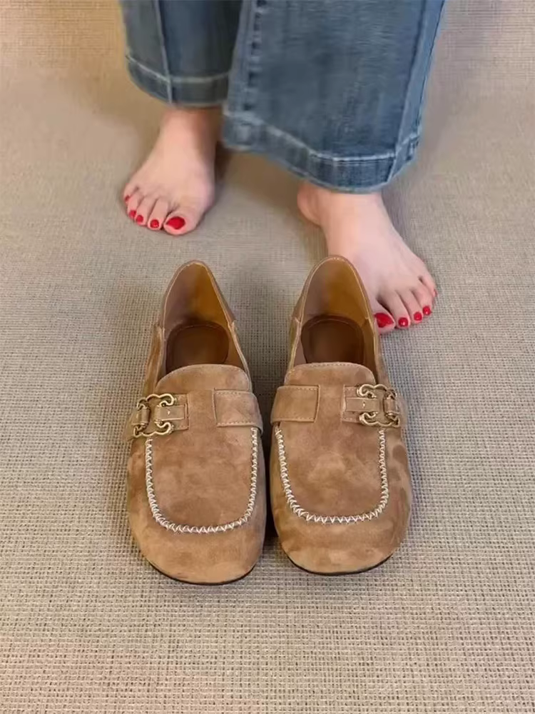 Phiên bản da cừu ~ Giày lười da lộn cao cấp dành cho nữ có khóa kim loại, giày lười dễ mang, giày đế bằng kiểu Birkenstock