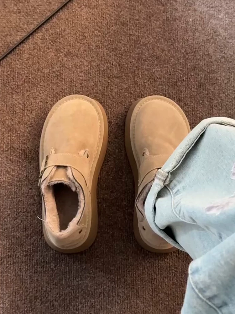 Phiên bản da bò ~ Giày lót lông cừu kiểu lười giữ ấm mùa đông, giày Birkenstock da thật đế dày tăng chiều cao, giày cotton đa năng dành cho nữ.