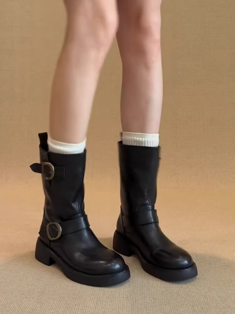 Phiên bản da bò ~ Giày bốt da thật màu đen đa năng dành cho nữ có khóa thắt lưng, giày bốt Martin đế dày kiểu đường phố cổ điển giúp thon gọn dáng người
