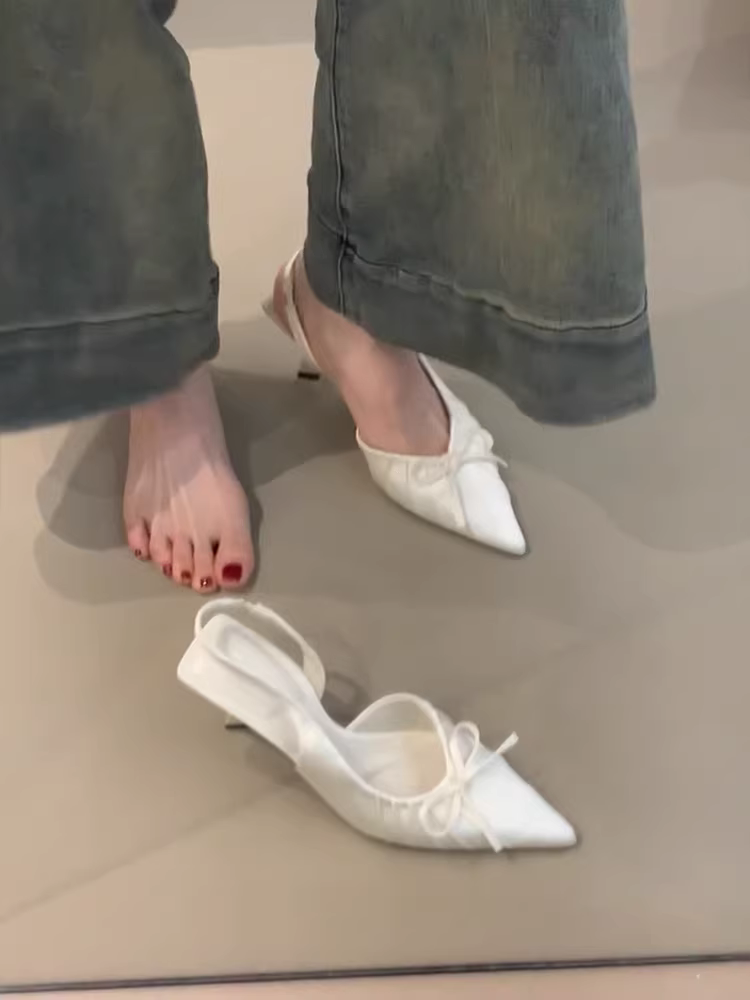 Phiên bản da cừu~ Giày cao gót thanh lịch kiểu Pháp dành cho nữ, giày mũi nhọn, dép quai hậu thắt nơ