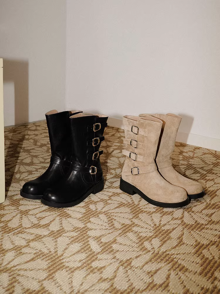 Pear Xiaoqi~ Giày bốt da thật phong cách Punk thiết kế cổ điển dành cho nữ có khóa thắt lưng, mũi tròn, đế dày, giày đi xe thon gọn