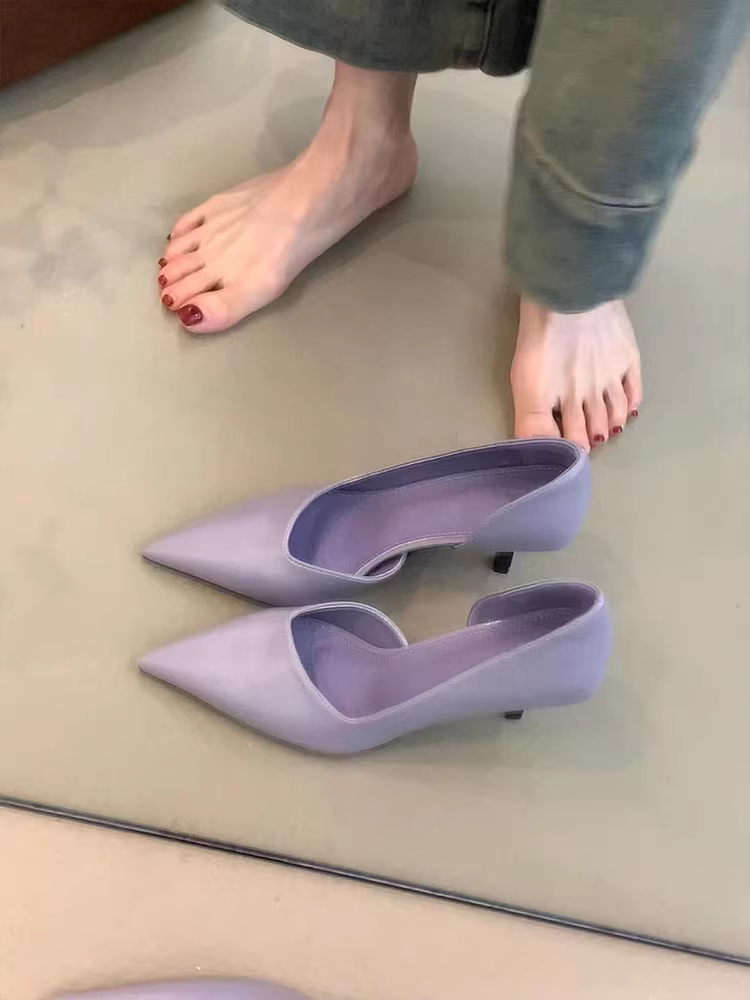 Phiên bản da cừu ~ Giày cao gót mũi nhọn kiểu Pháp dành cho nữ, gót nhọn, đa năng khi đi làm, kiểu lười, giày đơn miệng nông đa năng.