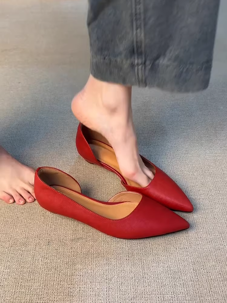 Phiên bản da cừu ~ Giày đế thấp mũi nhọn đa năng dành cho nữ, giày đi làm cổ điển bằng da thật có lỗ hở bên hông