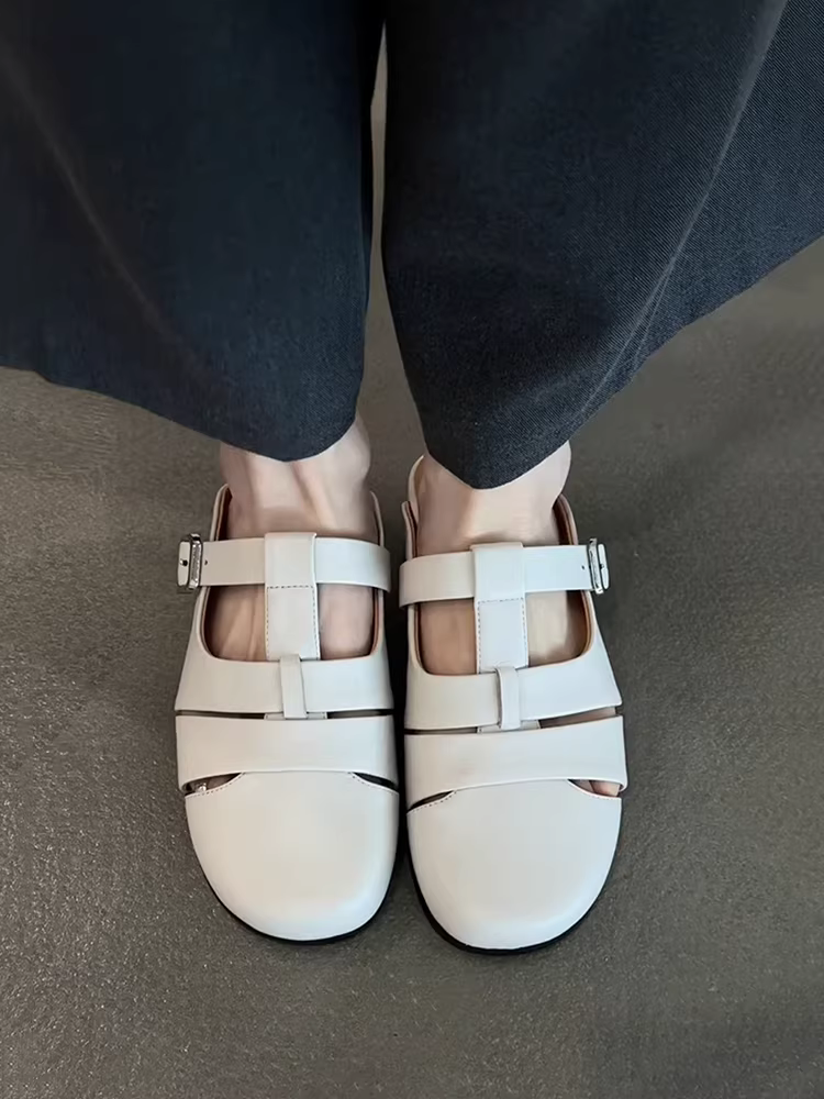 Phiên bản da cừu ~ Giày mules mũi kín bằng da thật thoáng khí, đế thấp kiểu Pháp dành cho nữ, đa năng cho mùa hè, thoải mái khi đi làm, dép mát.