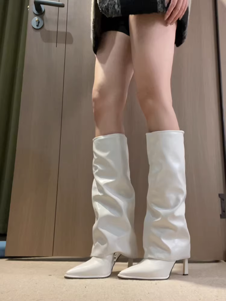 Phiên bản da bò ~ Giày bốt kiểu Anh màu trắng thanh lịch dành cho nữ, giày cao gót mũi nhọn đơn giản, cao đến đầu gối, thời trang.