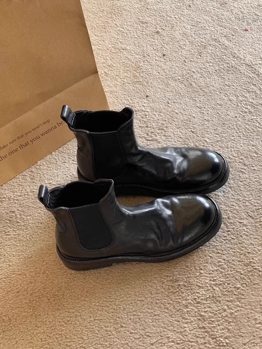 Phiên bản da bò ~ Giày bốt Chelsea da thật có gót dày xếp ly cổ điển dành cho nữ, bốt ngắn mùa xuân và mùa thu, bốt Martin phong cách Anh, bốt ống khói