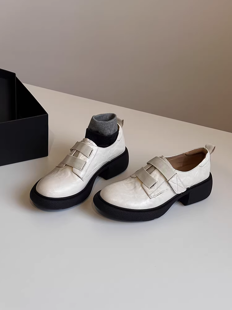 Phiên bản da cừu ~ Giày lười đế dày kiểu Anh dành cho nữ, giày da thật kiểu dáng thoải mái, gót dày, êm ái, giày da nhỏ gọn.