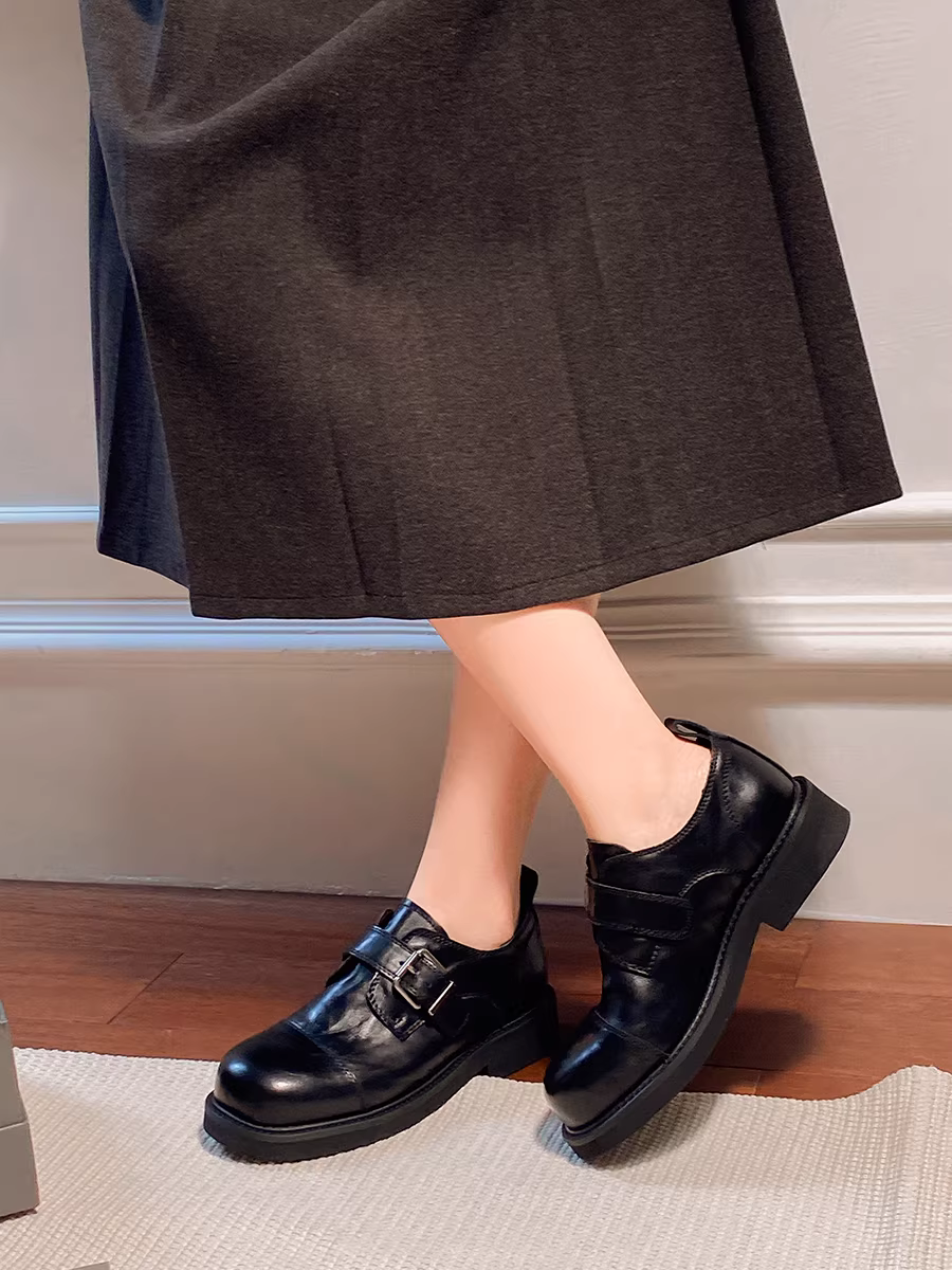 Phiên bản da bò~ Giày lười kiểu Anh cổ điển dành cho nữ có khóa thắt lưng, giày da nhỏ kiểu JK, mũi tròn bằng da thật