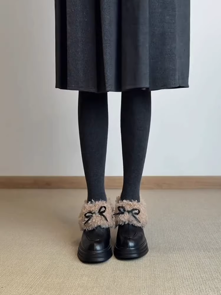 Phiên bản da cừu ~ Giày lười cổ sâu kiểu Pháp dành cho nữ, da thật, đế dày, gót dày, khóa kéo bên hông, giày lông xù kiểu slip-on