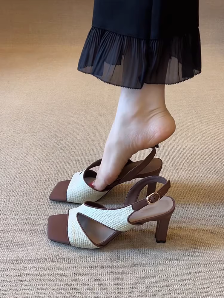 Phiên bản da cừu ~ Dép cao gót mũi vuông kiểu cổ điển kiểu Pháp dành cho nữ, giày La Mã cao gót kiểu quý tộc thanh lịch đa năng mới