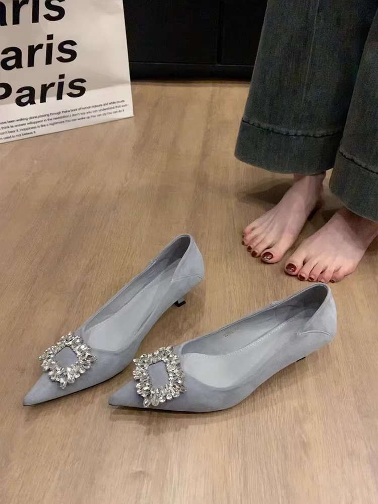 Phiên bản da cừu ~ Giày cao gót nông kiểu Pháp dành cho nữ, kiểu lười có khóa vuông đính kim cương giả, giày đi làm, giày đơn mũi nhọn thanh lịch.