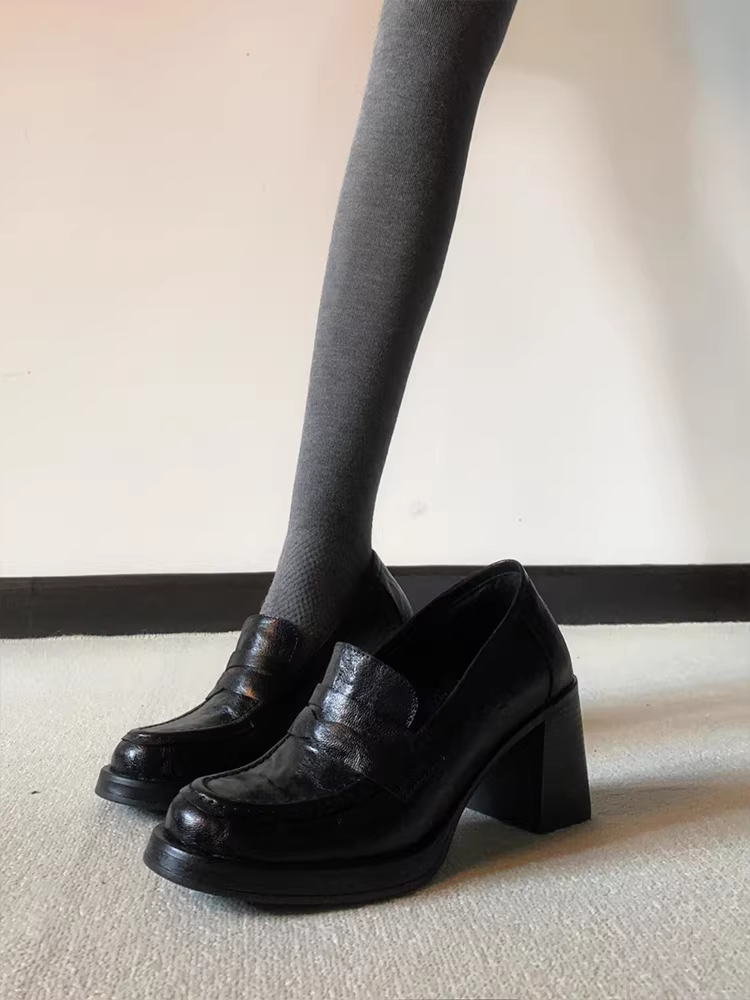 Phiên bản da cừu ~ Giày cao gót cổ điển đi làm dành cho nữ, giày lười da thật màu đen, giày da nhỏ kiểu Anh đơn giản