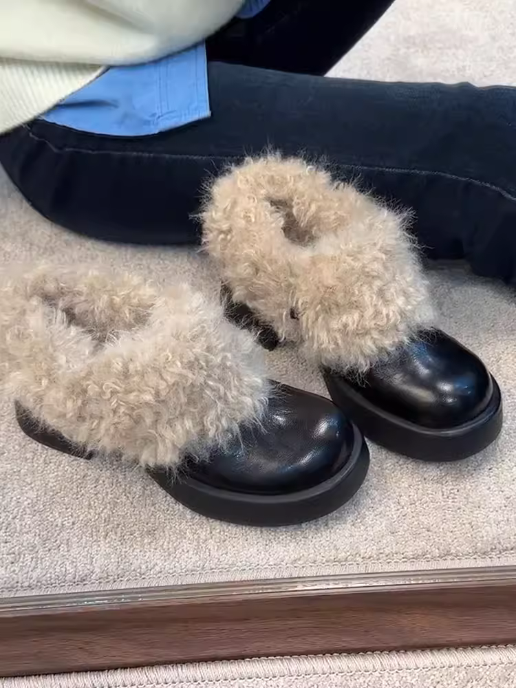 Phiên bản da cừu ~ Giày lười đế dày lông thú thời trang dành cho phụ nữ nhỏ nhắn, giày lười đa năng kiểu cổ điển bằng da thật đơn giản
