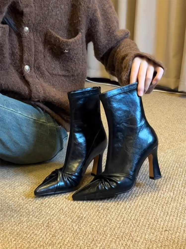 Phiên bản da bò ~ Giày bốt ngắn da thật mũi nhọn cổ điển thanh lịch dành cho nữ có nơ, khóa kéo phía sau, bốt cao gót, bốt đen ôm sát