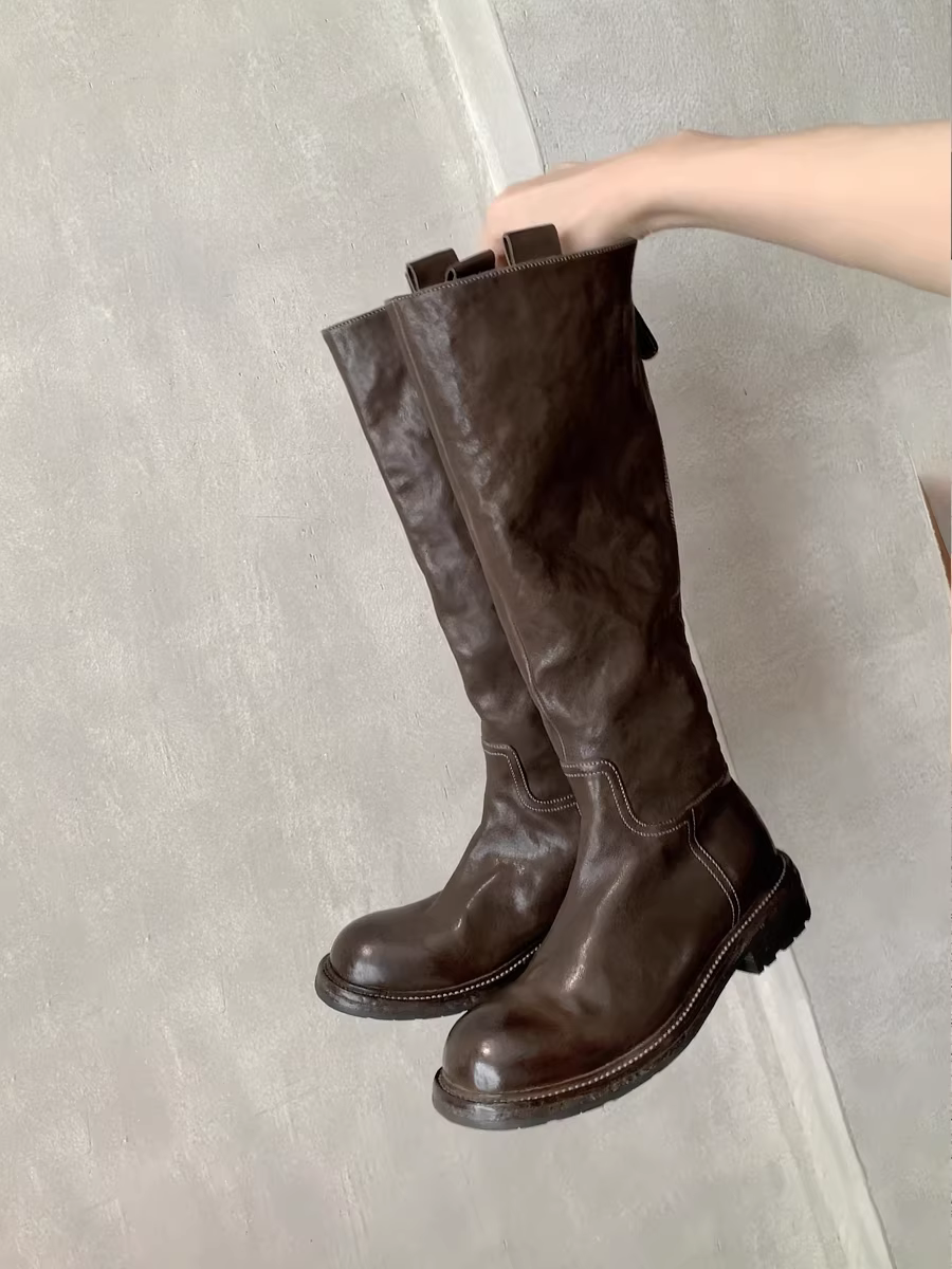 Phiên bản da bò ~ Giày bốt cưỡi ngựa có khóa kéo phía sau bằng da thật kiểu cổ điển dành cho nữ, bốt cao xếp ly có gót dày, bốt dài qua đầu gối