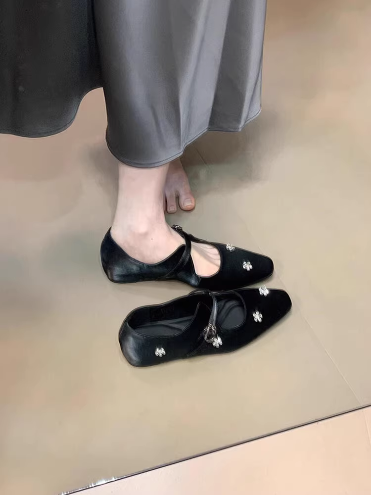 Phiên bản da cừu ~ Giày Mary Jane tăng chiều cao mũi vuông nhỏ bằng da thật đính đá cho nữ, giày ngoài trời đa năng có dây đeo đơn miệng nông