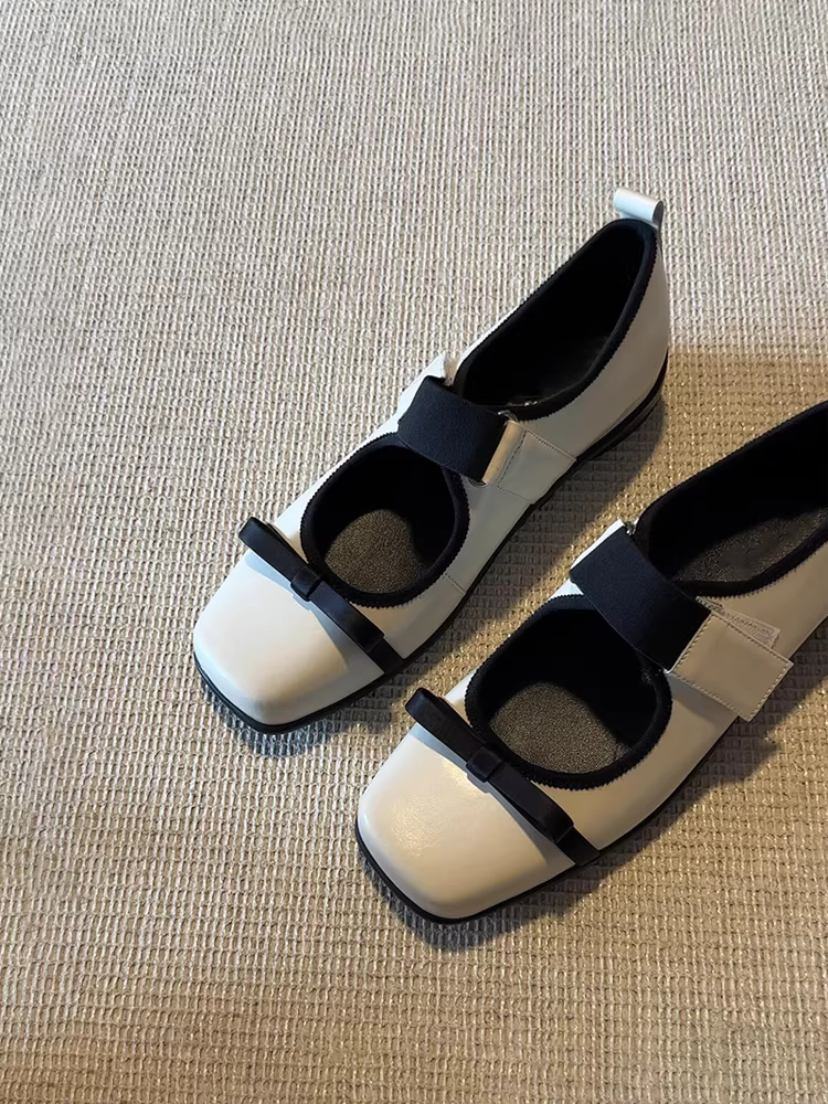 Phiên bản da bò ~ Giày ba lê đế bằng mũi vuông bằng da thật phối màu dành cho nữ, giày Mary Jane nông có dây buộc kiểu Pháp
