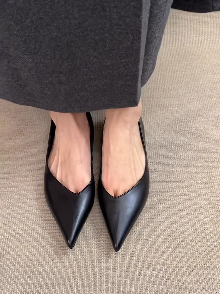 Phiên bản da cừu ~ Giày đế bằng phong cách tối giản kiểu Pháp dành cho nữ, giày đơn mũi nhọn thanh lịch kiểu slip-on, giày nữ da thật miệng nông đi làm