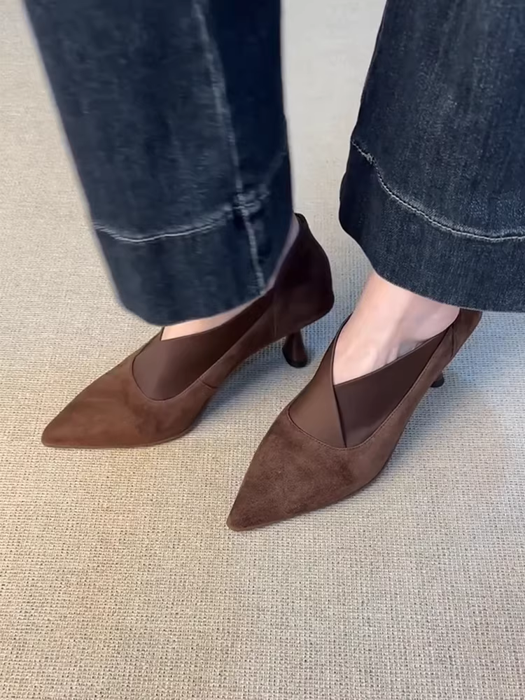 Phiên bản da cừu ~ Giày cao gót da lộn kiểu dáng xỏ ngón, kiểu chữ V dành cho nữ, đa năng cho mùa thu, đi làm, giày da thật mũi nhọn