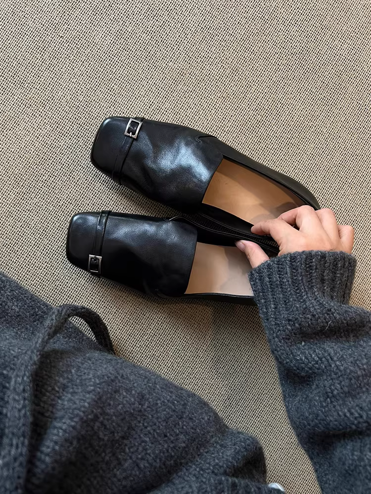 Phiên bản da cừu ~ Giày lười mũi vuông da thật phong cách cổ điển của Anh dành cho nữ, giày da đế bằng thiết kế độc đáo