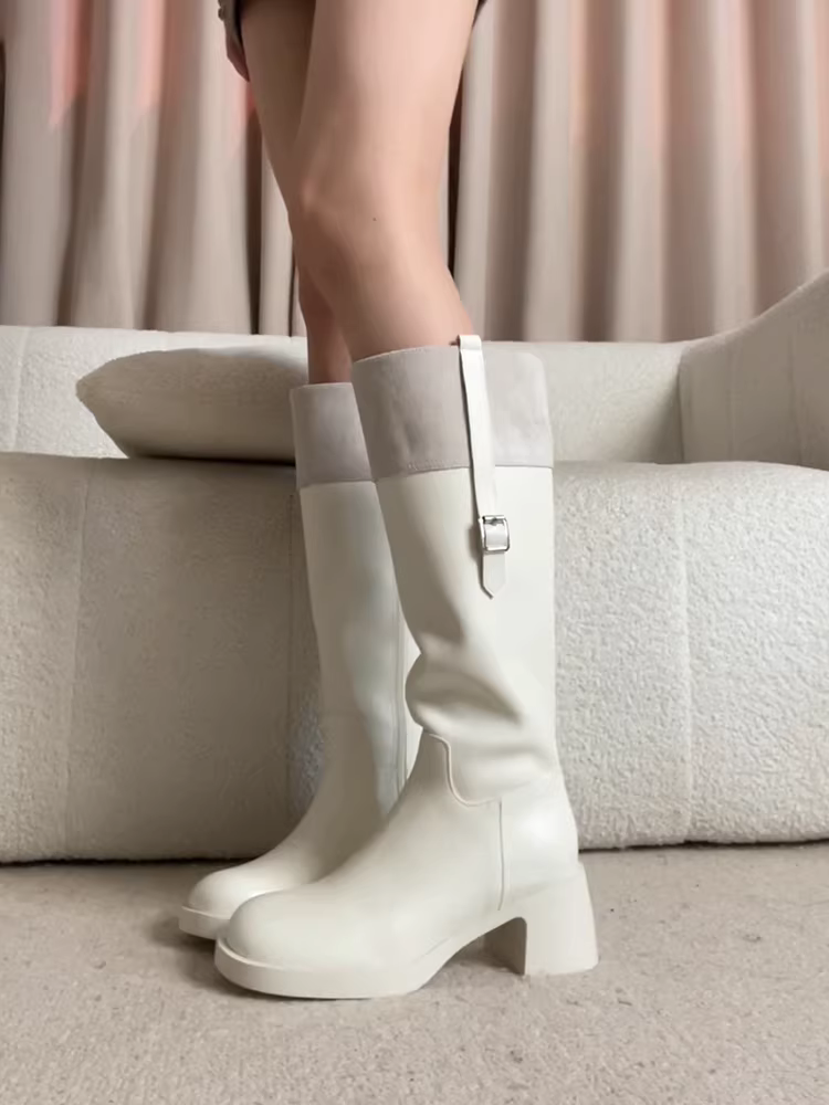 Phiên bản da bò~ Giày bốt cưỡi ngựa cao đến đầu gối đế dày mũi tròn bằng da thật kiểu Pháp dành cho nữ có khóa kéo bên hông, giày bốt dài thon gọn và thanh lịch