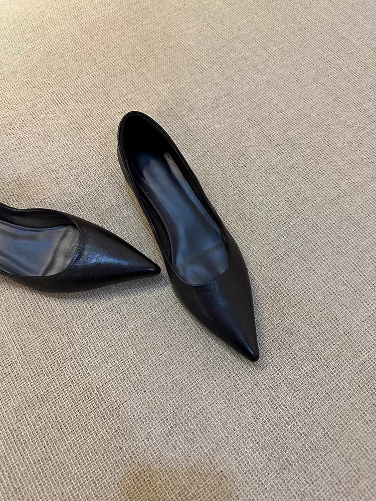 Phiên bản da cừu ~ Giày đế bằng mũi nhọn thanh lịch dành cho nữ, giày công sở da thật đơn giản và đa năng, thích hợp đi làm