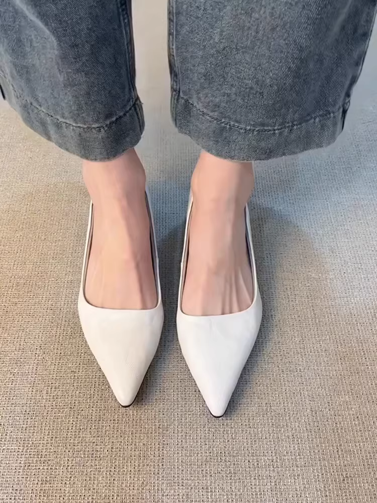 Phiên bản da cừu ~ Giày cao gót nữ phong cách Pháp nhẹ nhàng và đa năng, mũi nhọn nông, giày công sở thanh lịch, giày bệt đi làm kiểu slip-on.