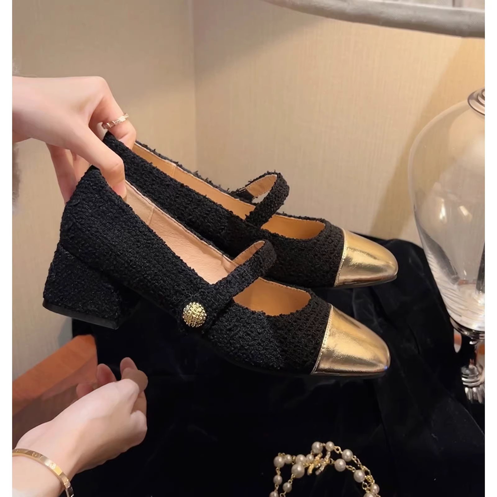 Giày cao gót chunky kiểu Chanel dành cho nữ, giày Mary Jane cổ điển Pháp với phong cách nhẹ nhàng, giày dạ hội, mẫu mới xuân 2025.