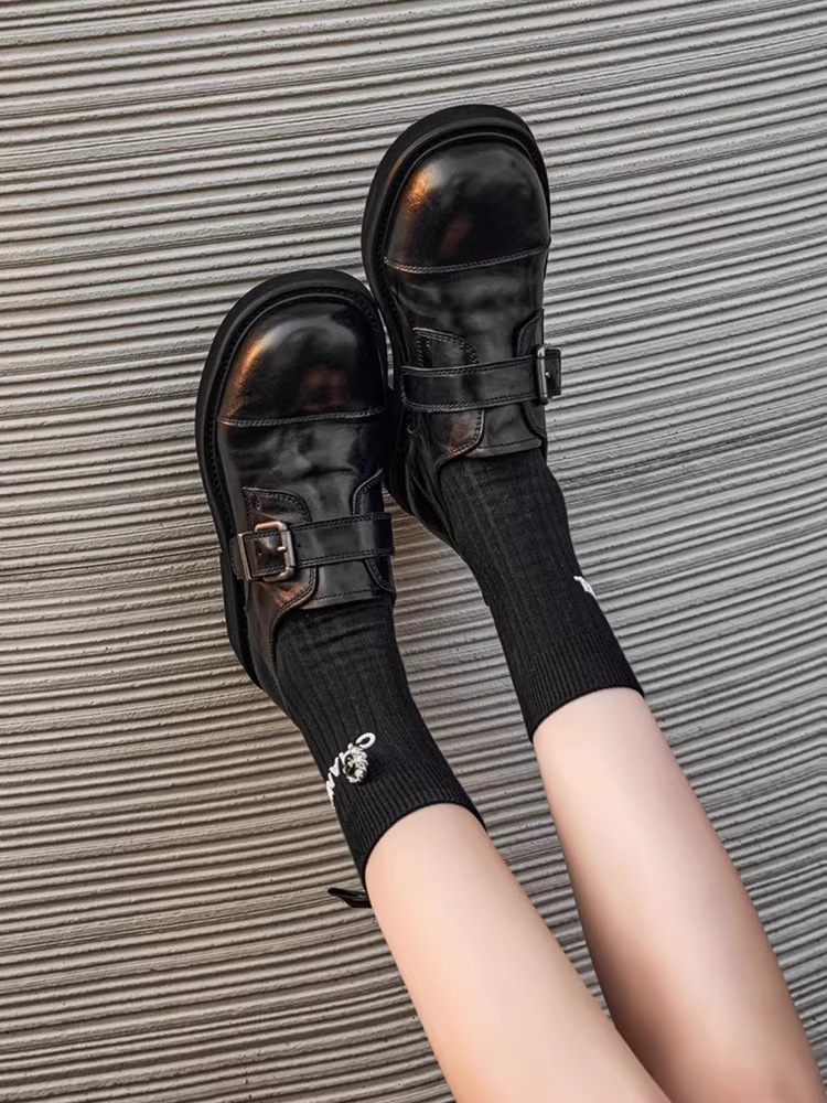 Phiên bản da cừu ~ Giày lười cao cấp kiểu Anh có khóa thắt lưng, giày da nhỏ kiểu JK cổ điển dành cho nữ, giày đơn da thật mũi tròn.