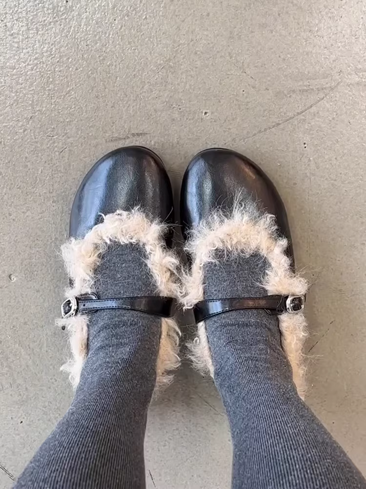 Phiên bản da cừu ~ Giày Mary Jane đế bằng da thật kiểu Pháp dành cho nữ, giày lông thú đa năng mũi tròn nông kiểu cổ điển