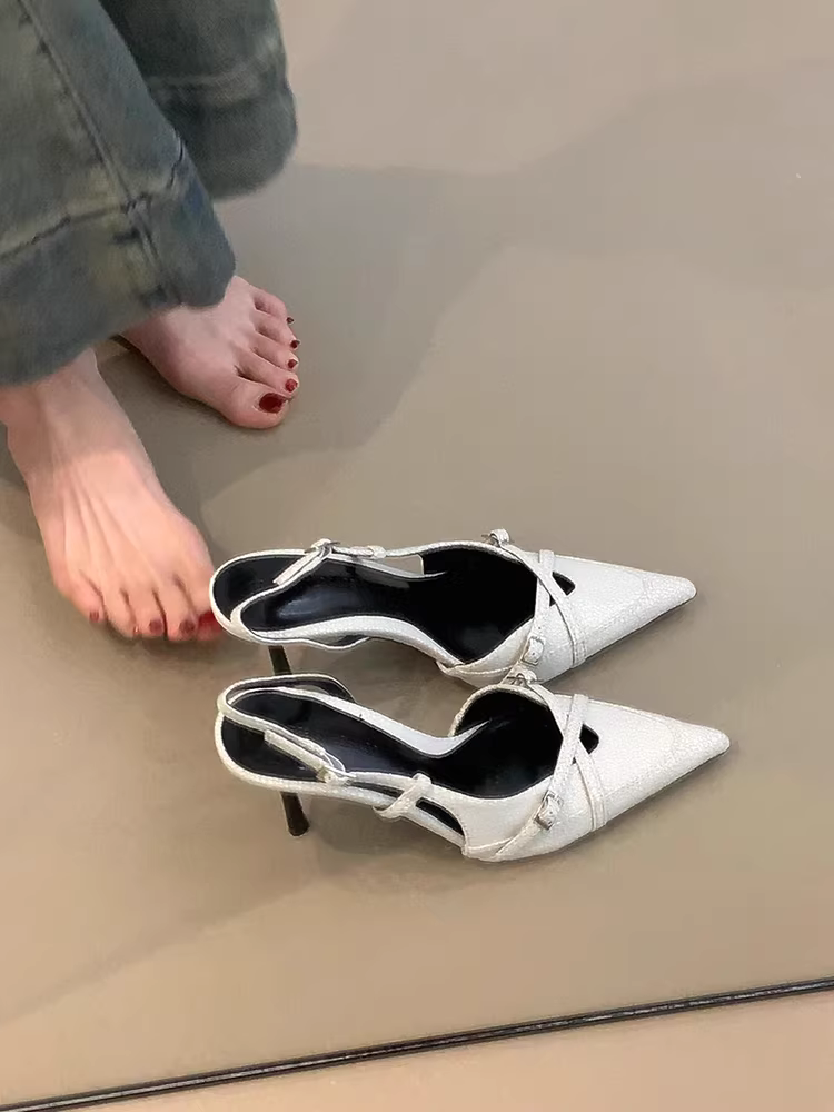 Phiên bản da cừu ~ Giày cao gót mũi nhọn kiểu Pháp thanh lịch dành cho nữ với dép xỏ ngón da thật có khóa chéo, miệng nông, hở lưng